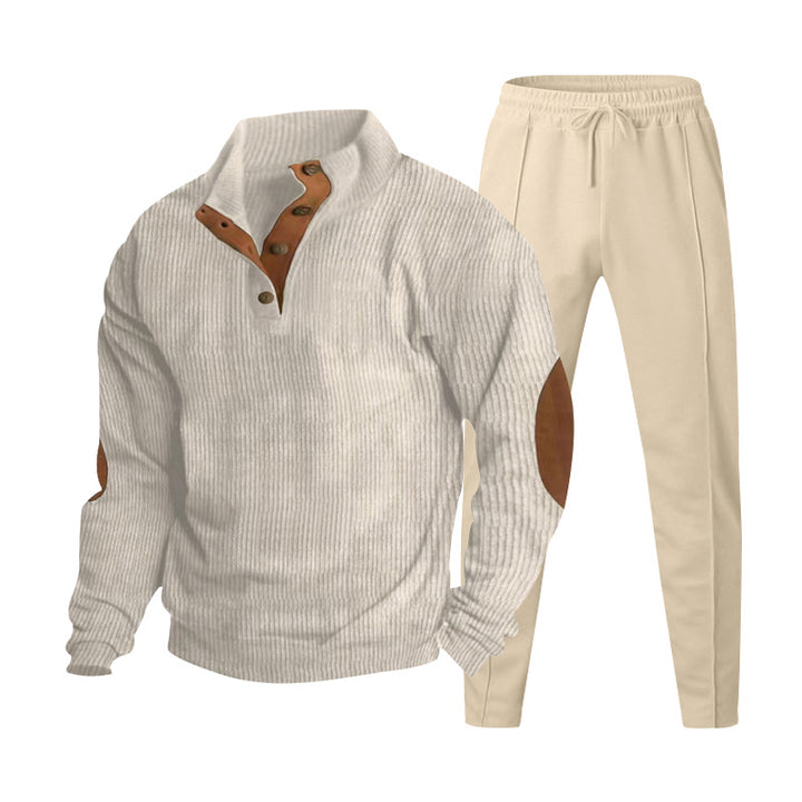 Herren nan gerippter Henley-Freizeitanzug mit dekorativer Knopfleiste und Wildleder-Ellenbogenpatch konisch geschnittene Jogginghose Drune