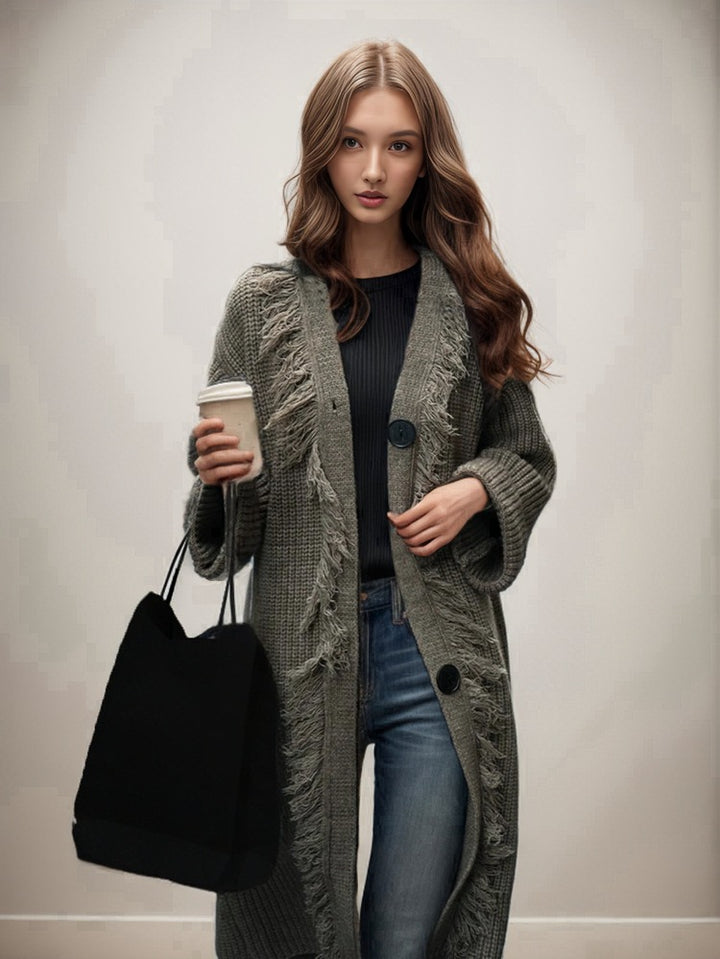 Damen Grobstrick-Cardigan mit fransigen Details und großer Knopfverzierung Drune