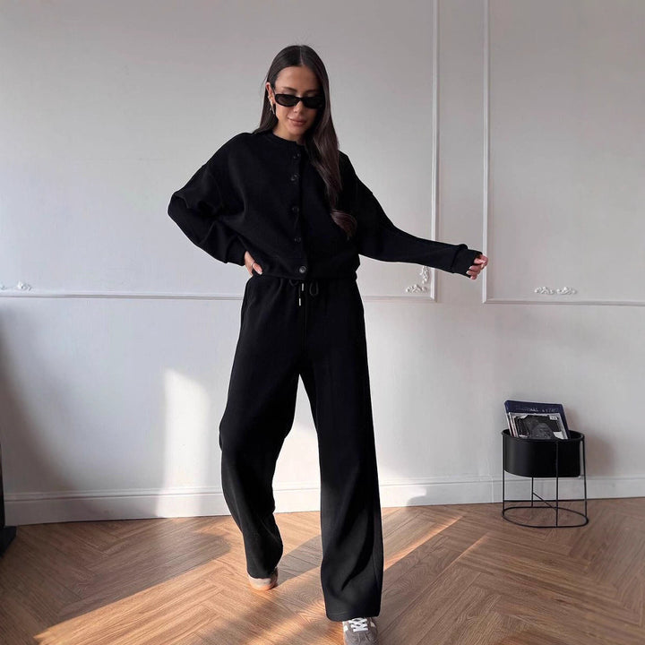 Damen Bequeme Freizeitjacke mit Knopfleiste und weiten Hosen Drune