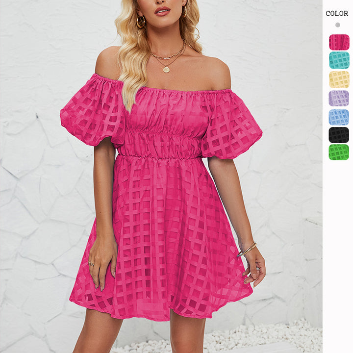 Damen Freizeitkleid im modernen Karomuster mit Puffärmeln und elastischer Taille Drune