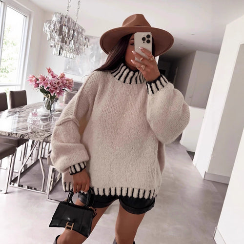 Damen lässiger Grobstrickpullover mit voluminösen Ärmeln und hohem Kragen Drune