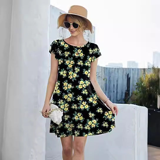 Damen Sommerliches Blumenkleid mit Rüschendetails und schwingendem Rock Drune