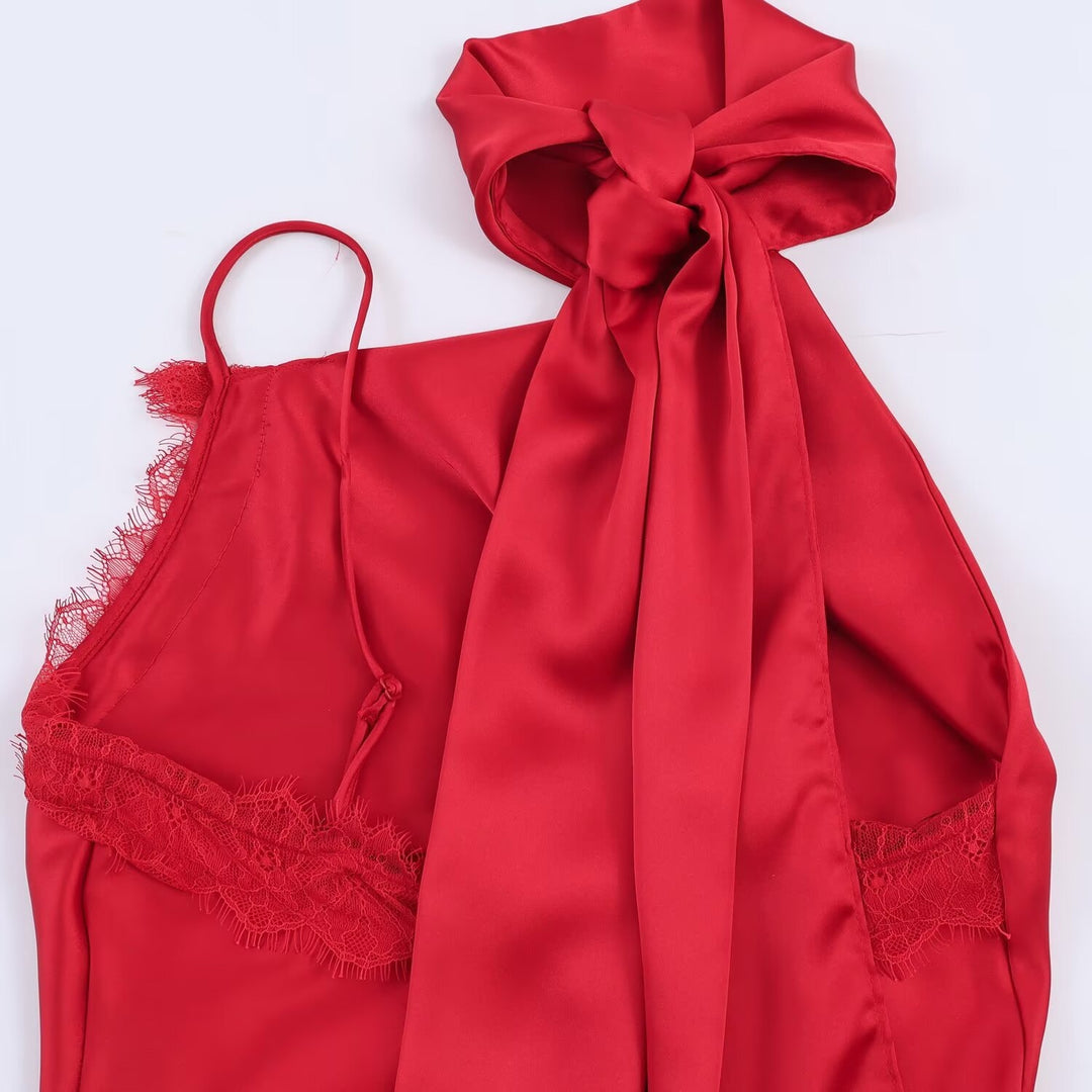 Damen elegantes Satin-Top mit asymmetrischem Saum und Spitzendetails Drune