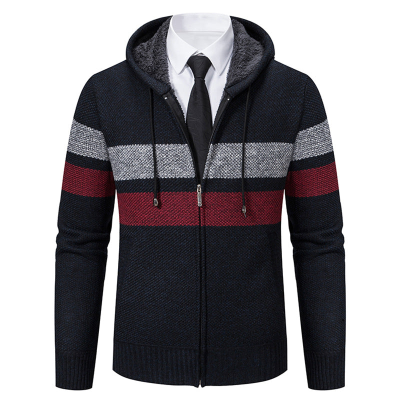 Herren nan gefütterte Kapuzen-Strickjacke mit Teddyfutter, durchgehendem Reißverschluss und kontrastierenden Streifen Drune