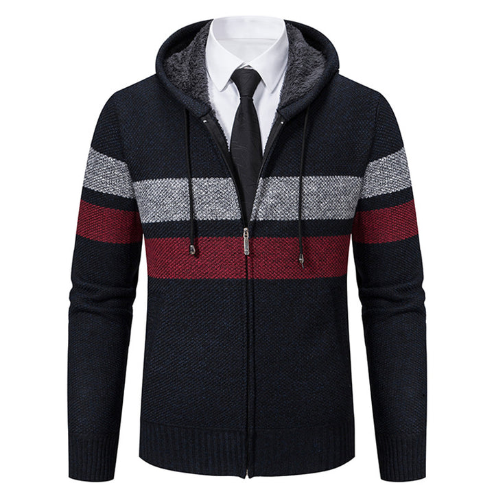 Herren nan gefütterte Kapuzen-Strickjacke mit Teddyfutter, durchgehendem Reißverschluss und kontrastierenden Streifen Drune