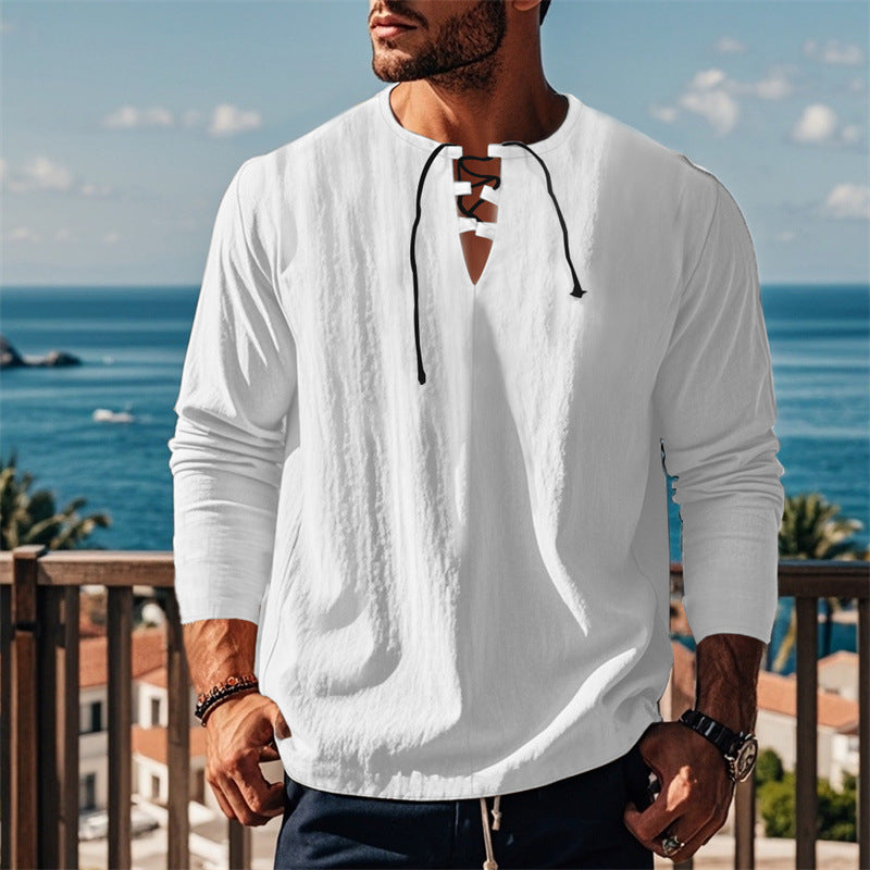 Herren modisches Langarmshirt mit Schnürung und V-Ausschnitt Drune