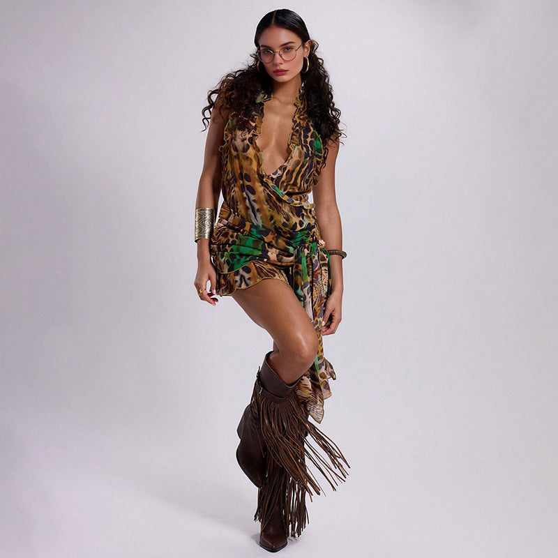 Damen raffiniertes Wickeltop mit tierischem Muster und Volant-Details Drune