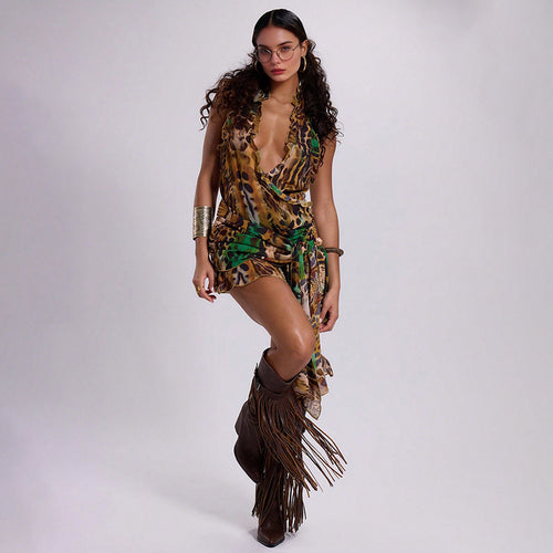 Damen raffiniertes Wickeltop mit tierischem Muster und Volant-Details Drune