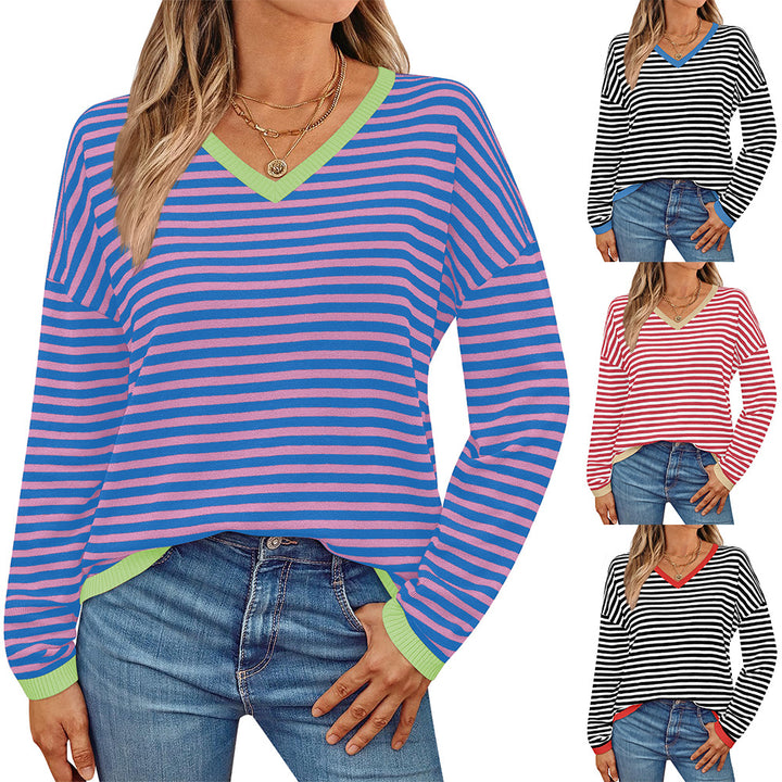 Damen lässiger Pullover mit niedrigem V-Ausschnitt und buntem Streifenmuster Drune