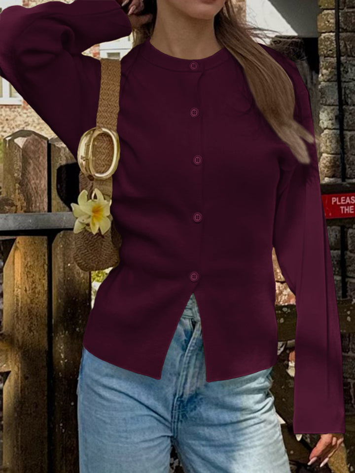 Damen nan taillierte Strickjacke mit asymmetrischer Knopfleiste und Rundhalsausschnitt Drune