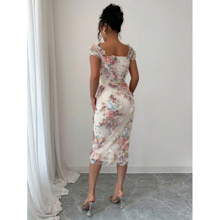 Damen Midikleid mit floralem Muster und zarter Rüschendetails Drune