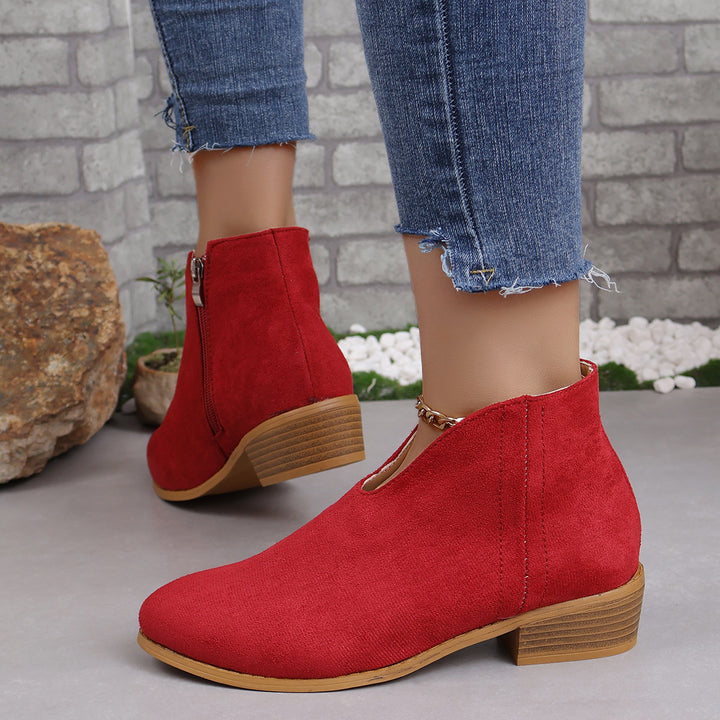 Damen nan V‑Ausschnitt Ankleboots aus Veloursoptik mit seitlichem Reißverschluss und niedriger Holzblocksohle Drune