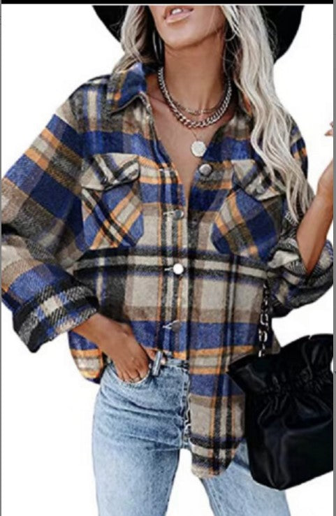 Damen Karierter Overshirt mit Knöpfen und Brusttaschen Drune