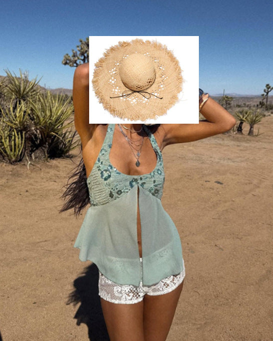Damen Luftig-fließendes Strandtop mit Rüschendetails und transparenter Blende Drune