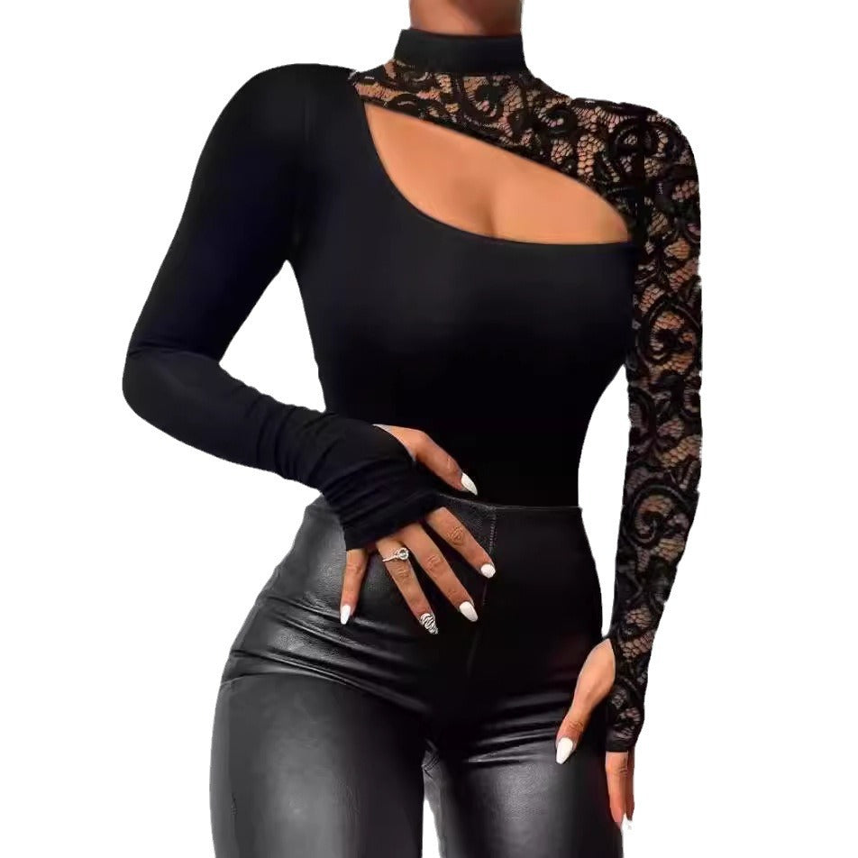 Damen Elegantes Oberteil mit transparenten Spitzenärmeln und asymmetrischem Ausschnitt Drune
