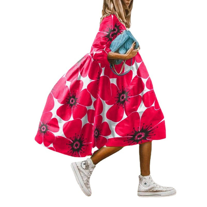 Damen nan leichtes Baumwoll-Swingkleid mit großem Blumenprint, 3/4-Ballonärmeln und geraffter Taille Drune