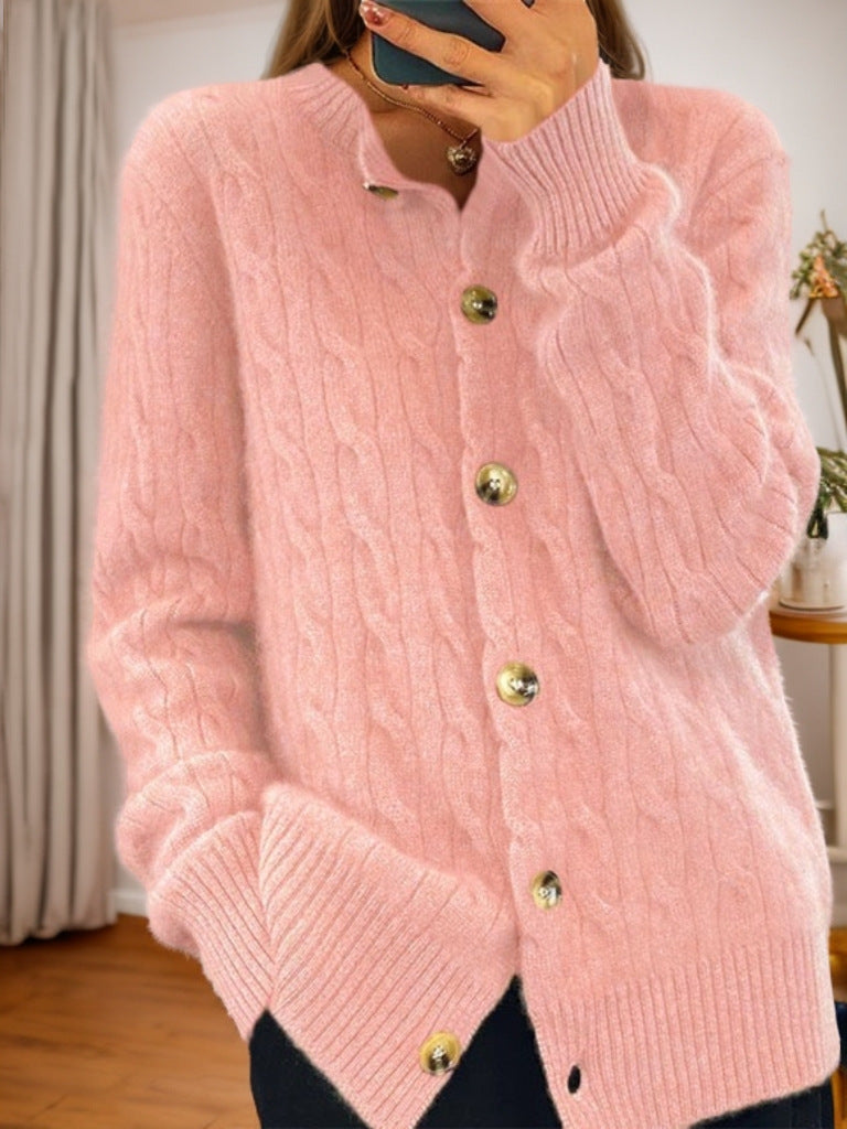 Damen Kaschmir Strickjacke mit Knopfverschluss und strukturiertem Zopfmuster Drune