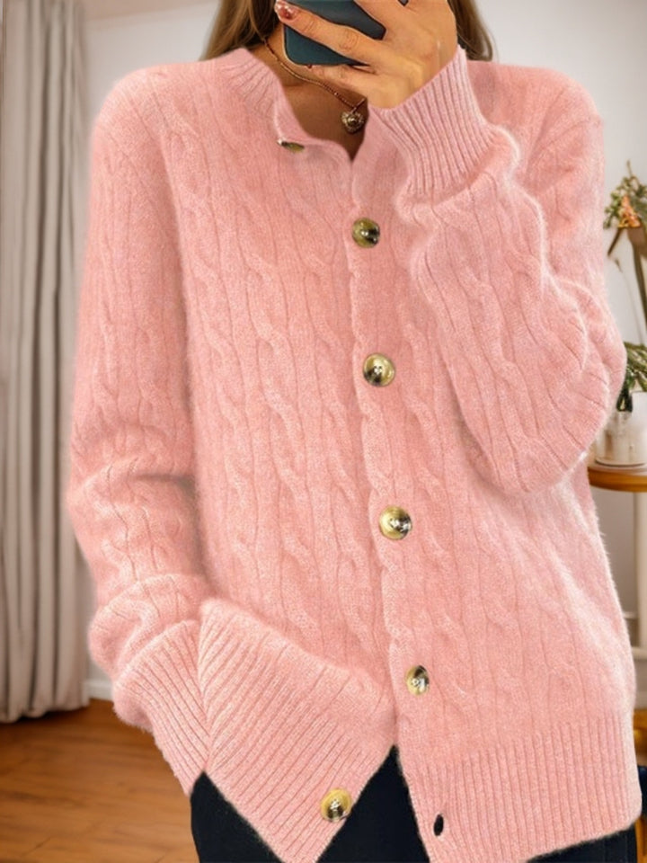 Damen Kaschmir Strickjacke mit Knopfverschluss und strukturiertem Zopfmuster Drune