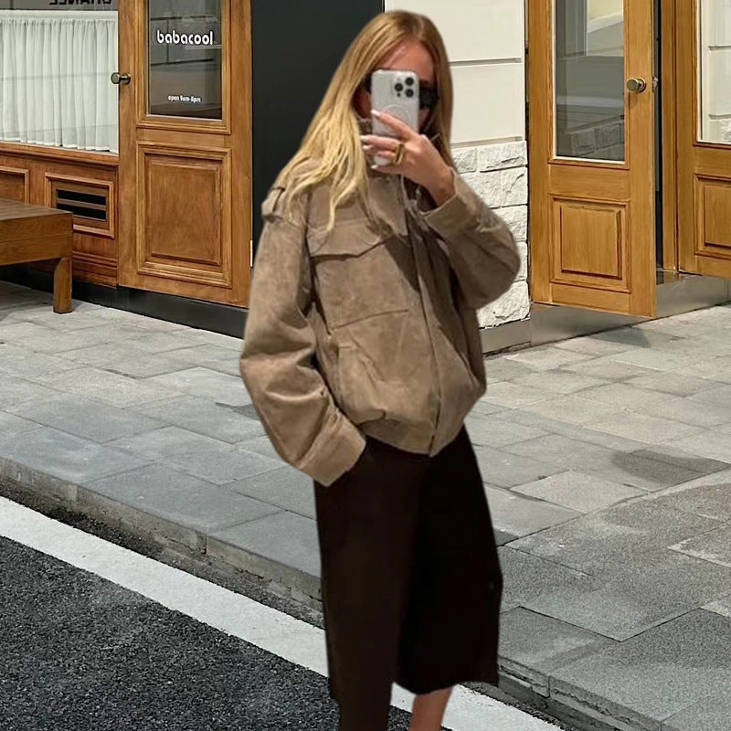 Damen Modische Oversized-Wildlederjacke mit praktischen Taschen und hohem Kragen Drune