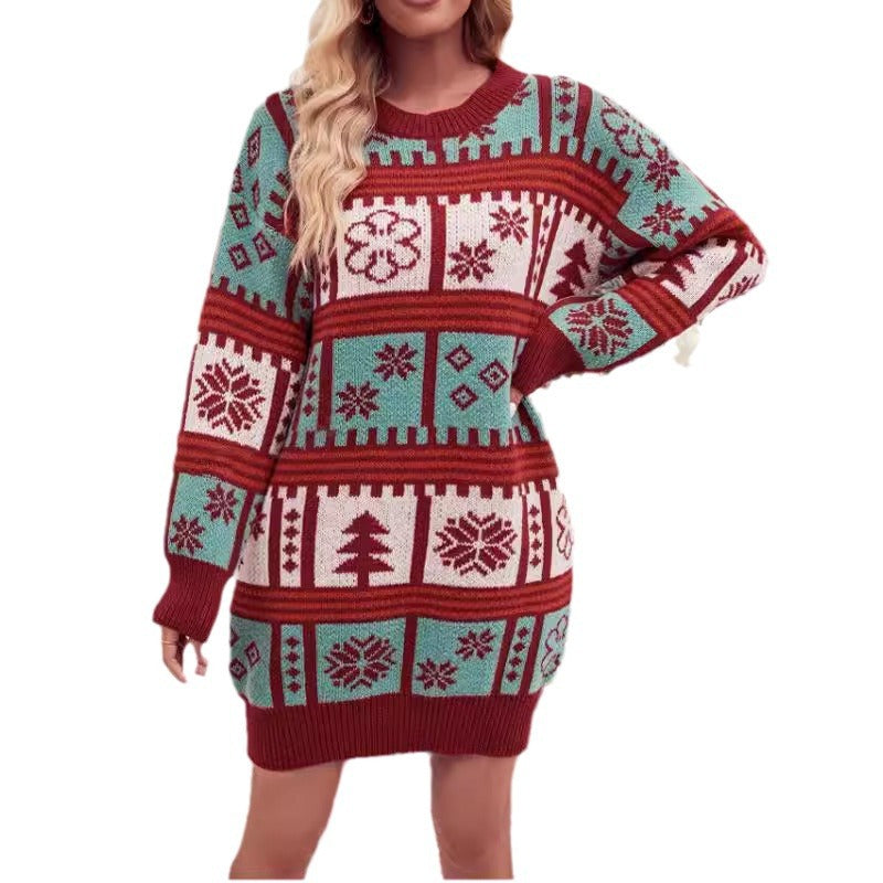 Damen Weihnachts-Strickkleid mit festlichem Muster und hohem Kragen Drune