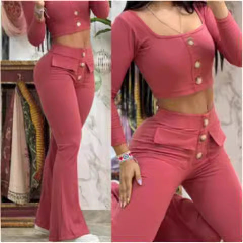 Damen modisches cropped Oberteil mit Flared-Hose und Knopfdetails Drune