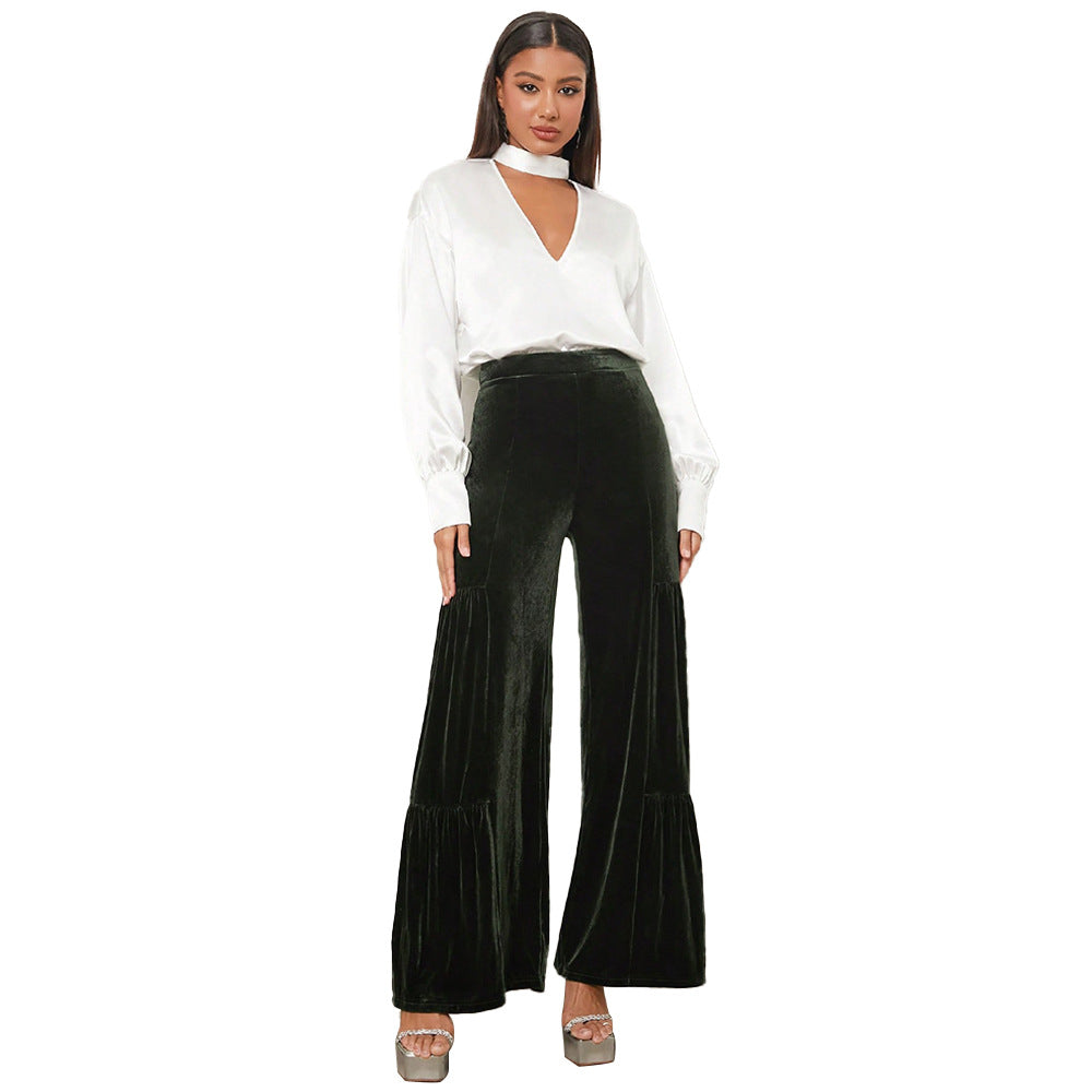 Damen Weite Velours-Hose mit Rüschendetails Drune