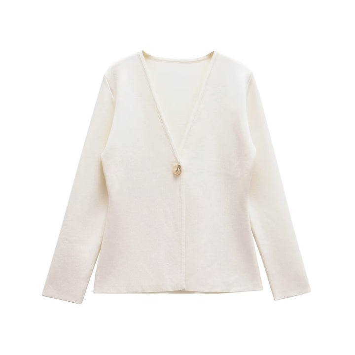 Damen elegante Strickjacke mit tiefem V-Ausschnitt und dekorativem Knopf Drune