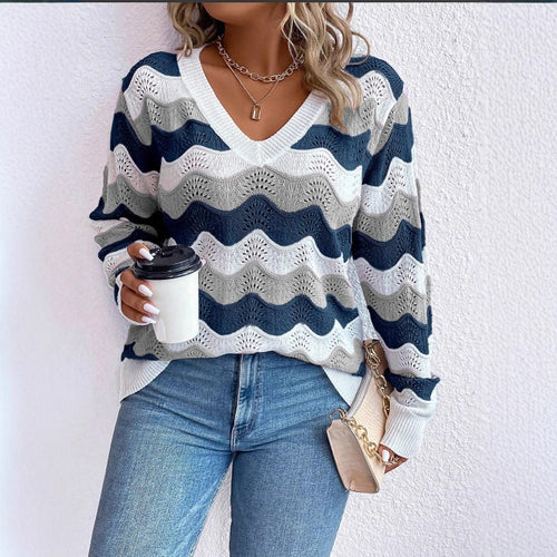 Damen V-Ausschnitt Pullover mit Wellenmuster und luftiger Struktur Drune