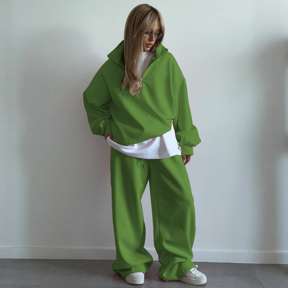 Damen nan Oversize Halbzip-Pullover mit Stehkragen und weitem Lounge-Hose-Set Drune