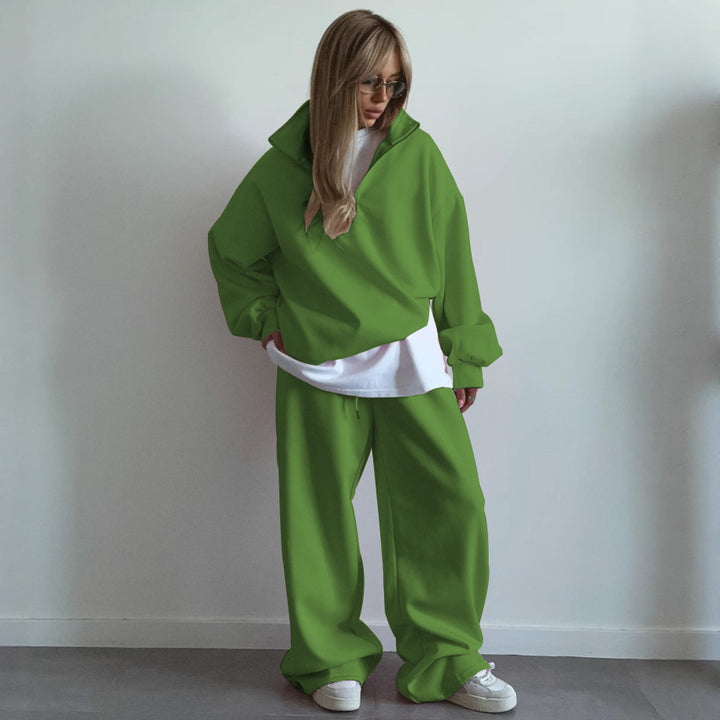 Damen nan Oversize Halbzip-Pullover mit Stehkragen und weitem Lounge-Hose-Set Drune