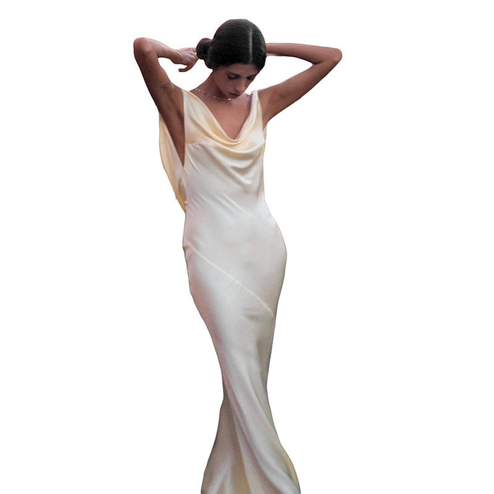 Damen Elegantes Satin-Maxikleid mit asymmetrischem Oberteil und fließendem Schnitt Drune