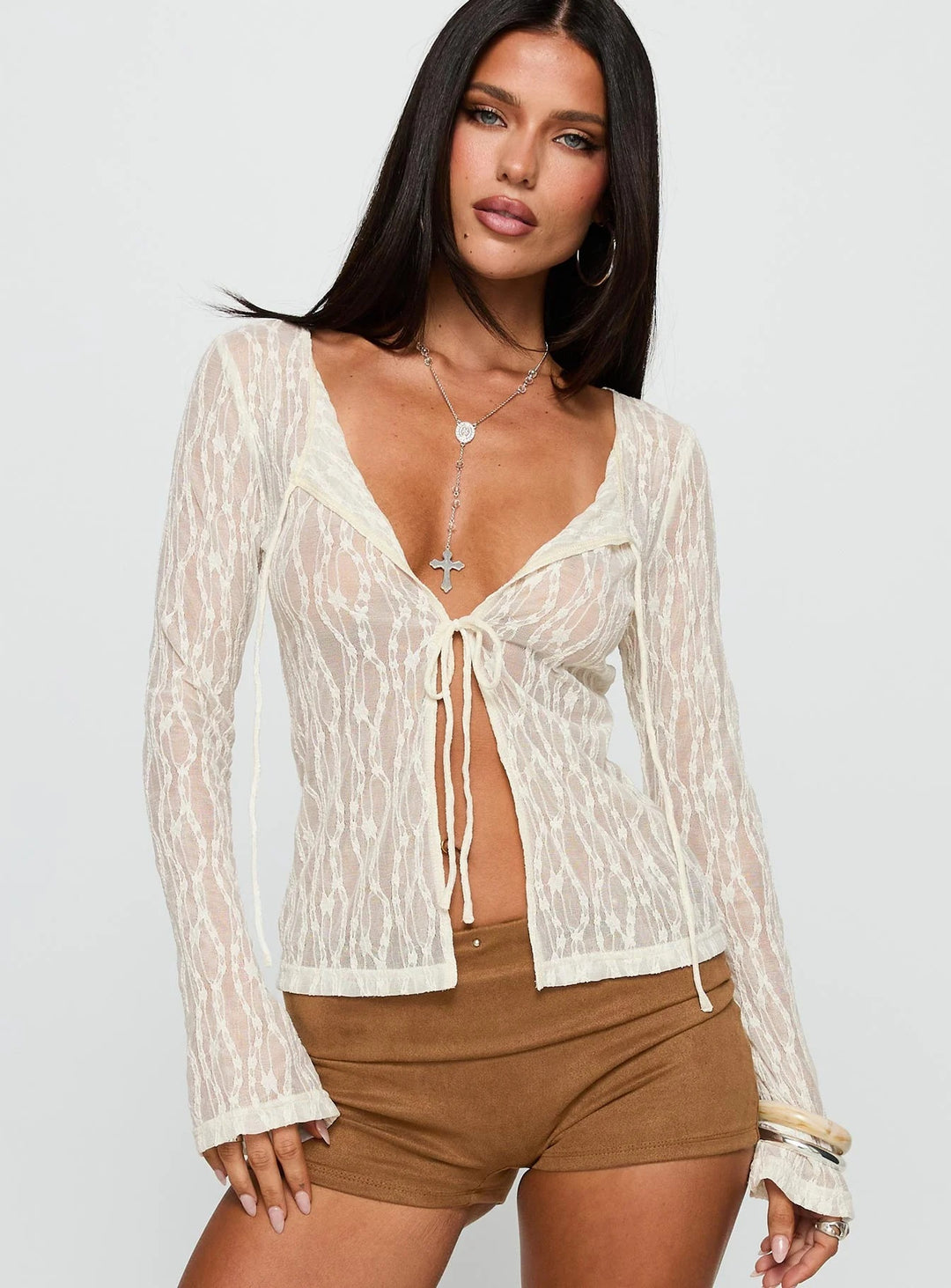 Damen Transparente Spitzenbluse mit tiefem V-Ausschnitt und Bändern Drune