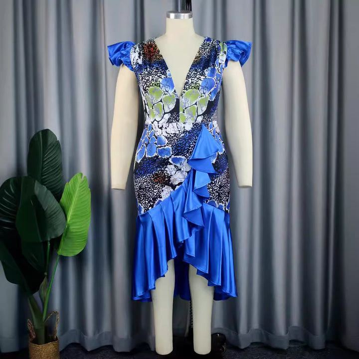 Damen Festliches Kleid mit voluminösem Rüschensaum und tiefem V-Ausschnitt Drune