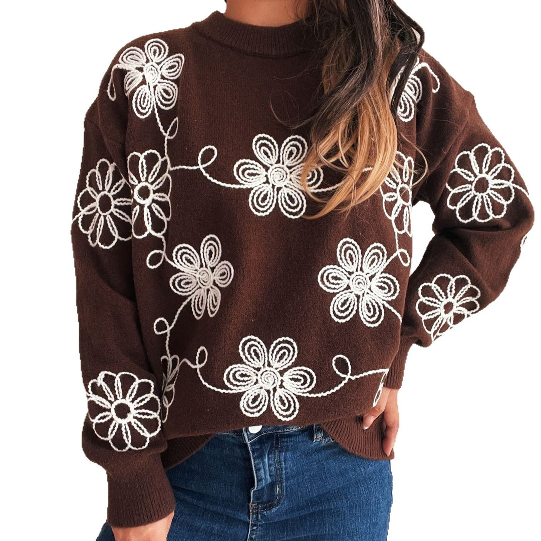 Damen kuscheliger Strickpullover mit floralen Applikationen und Rundhalsausschnitt Drune