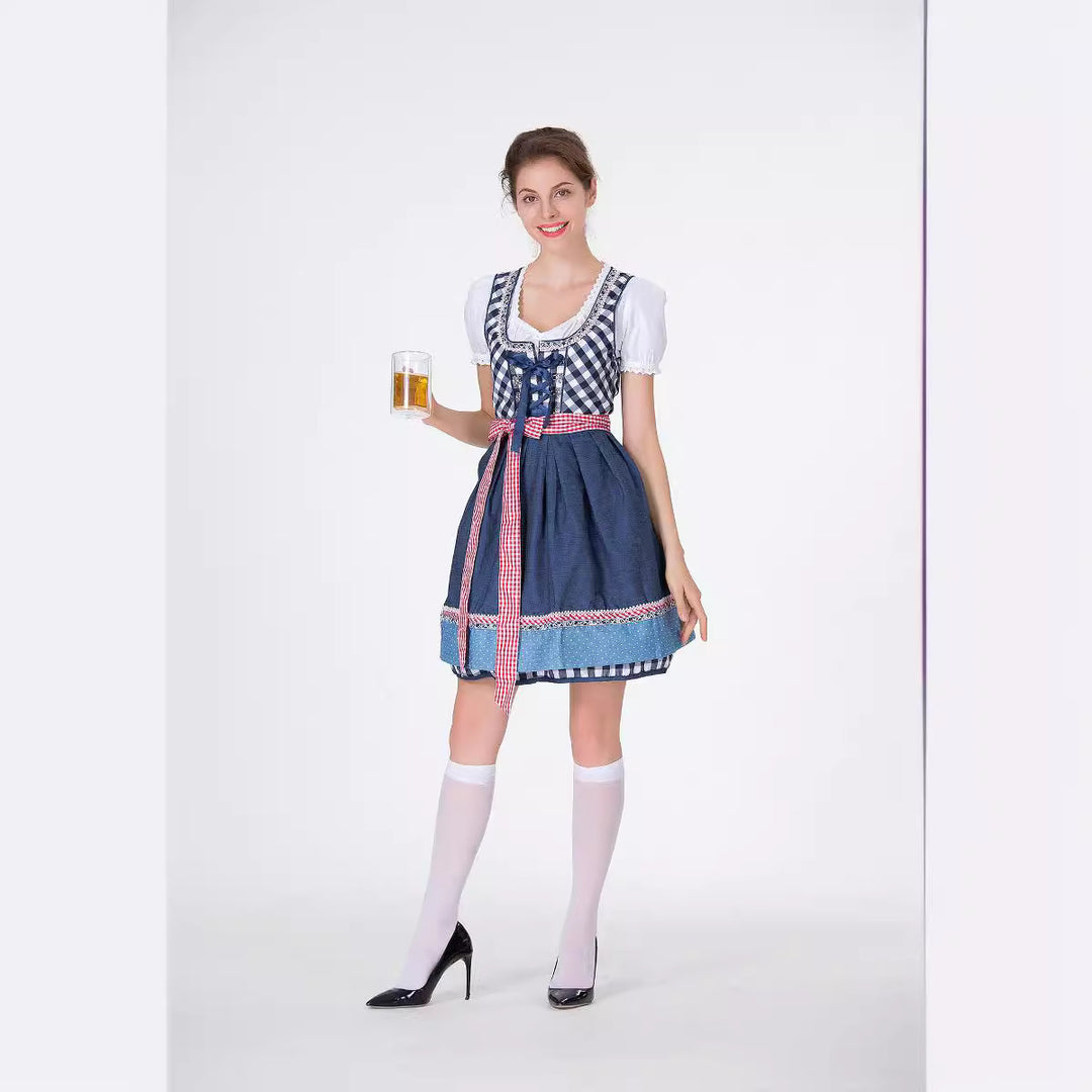 Damen nan traditionelles Trachten-Minikleid mit kariertem Schnürmieder, Puffärmelbluse und dekorativer Schürze Drune