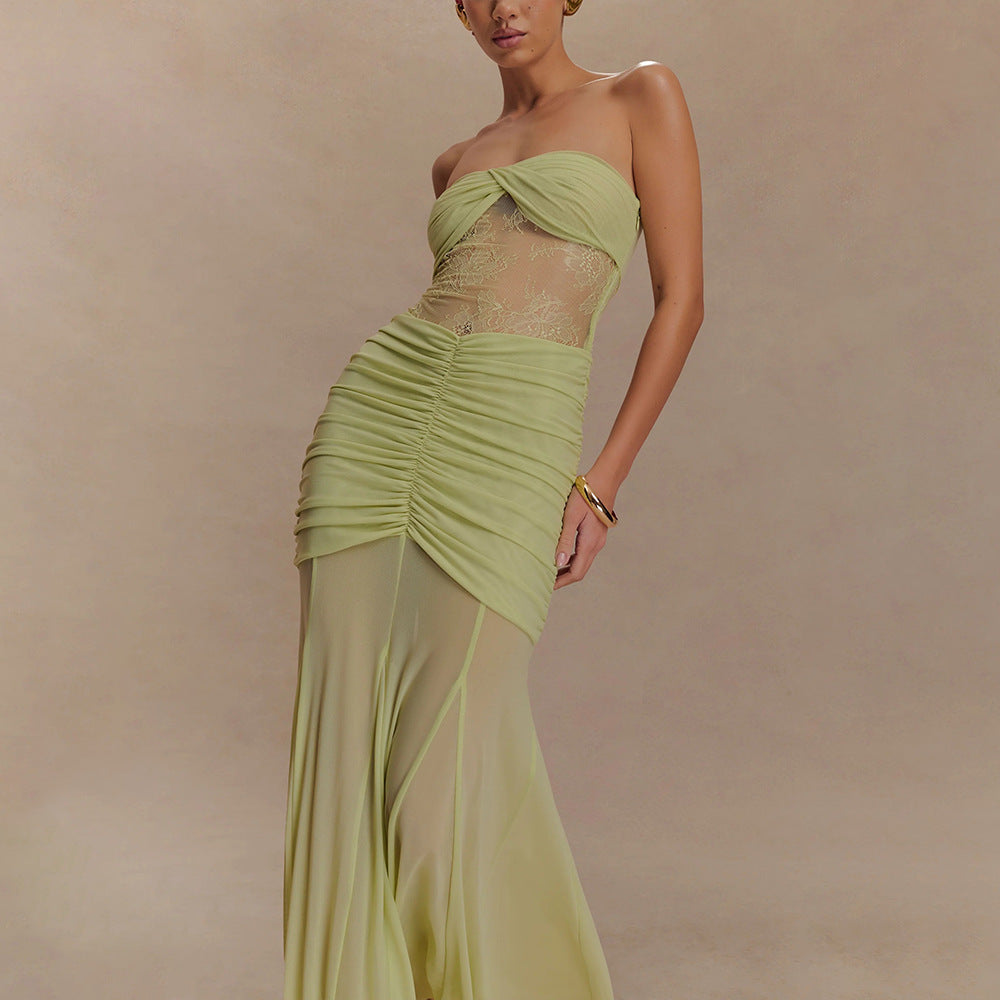 Damen Strapless Maxikleid mit raffinierten Drapierungen und Spitzen-Mix Drune