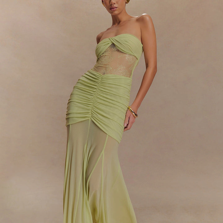 Damen Strapless Maxikleid mit raffinierten Drapierungen und Spitzen-Mix Drune