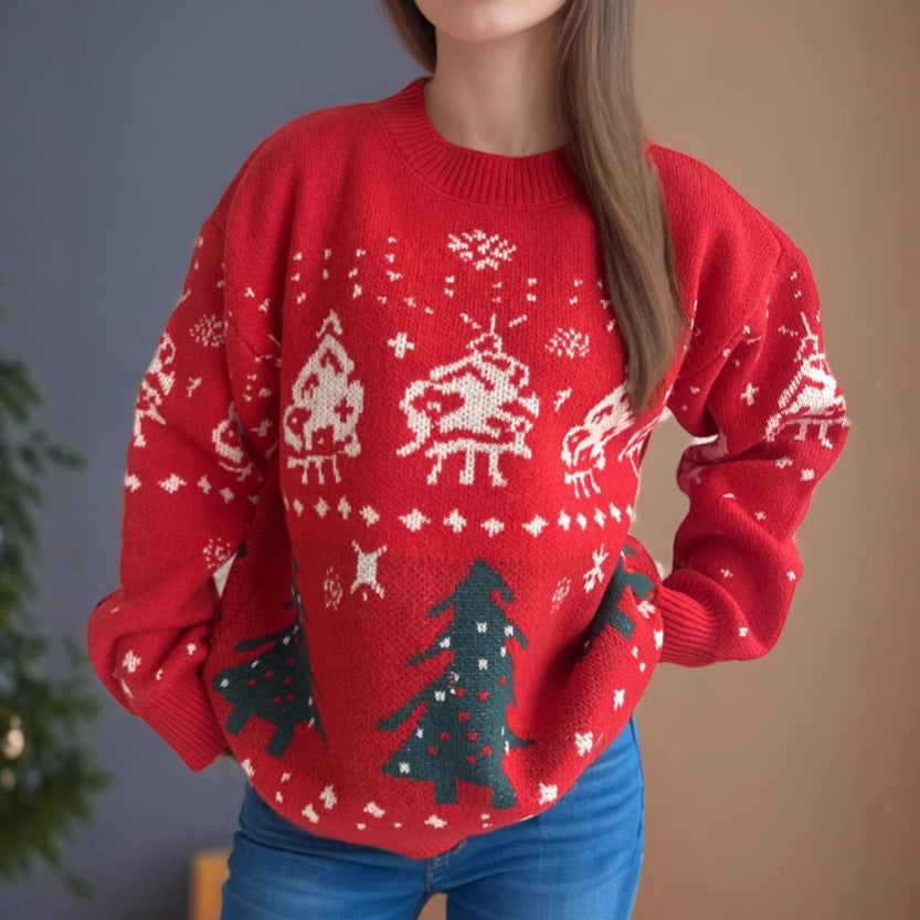 Damen gestrickter Weihnachtspullover mit festlichen Motiven und lässigem Schnitt Drune