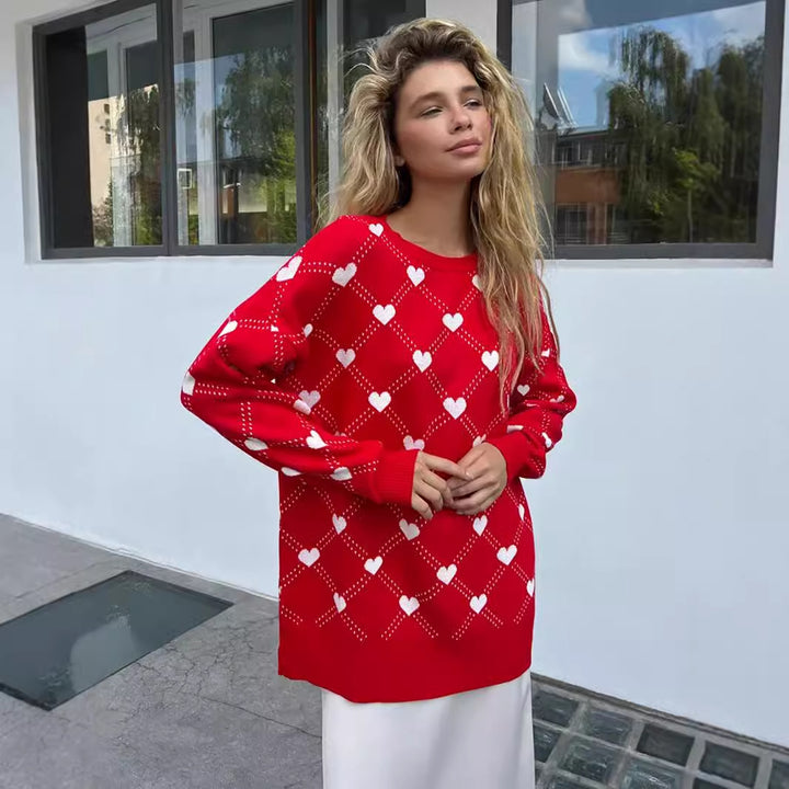 Damen Gemusterter Pullover mit Herzmotiven und weitem Schnitt Drune