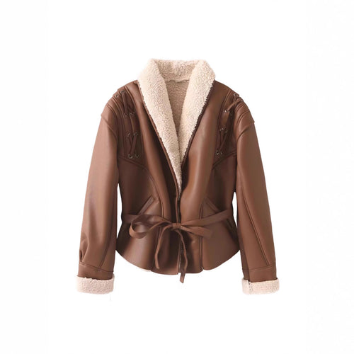 Damen trendige Kunstlederjacke mit flauschigem Innenfutter und Bindegürtel Drune