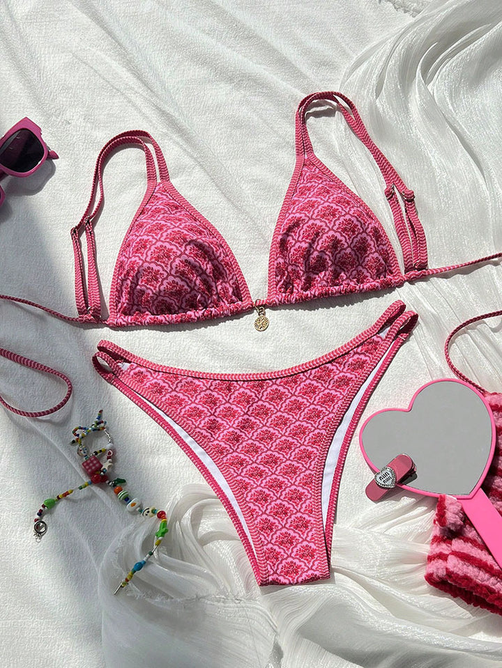 Damen Triangel-Bikini mit luxuriösem floralem Muster und verstellbaren Trägern Drune