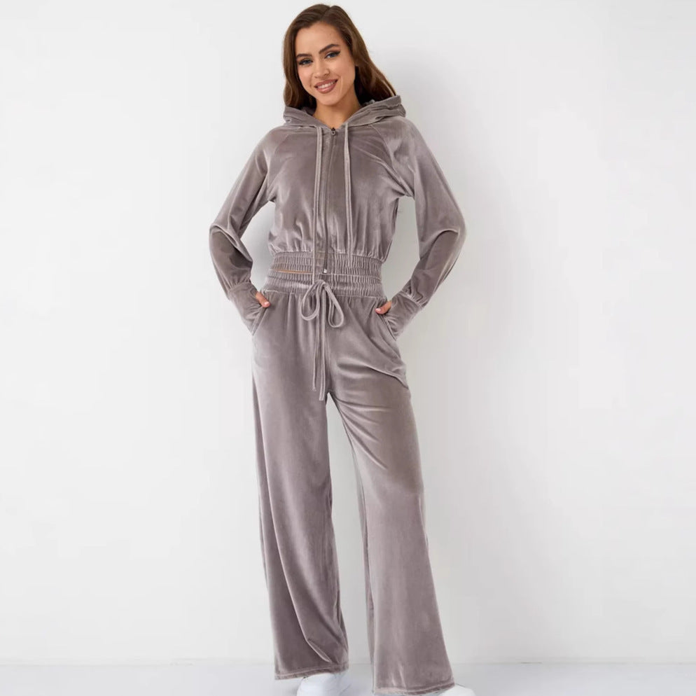 Damen Velours Freizeitanzug mit Kapuze Drune