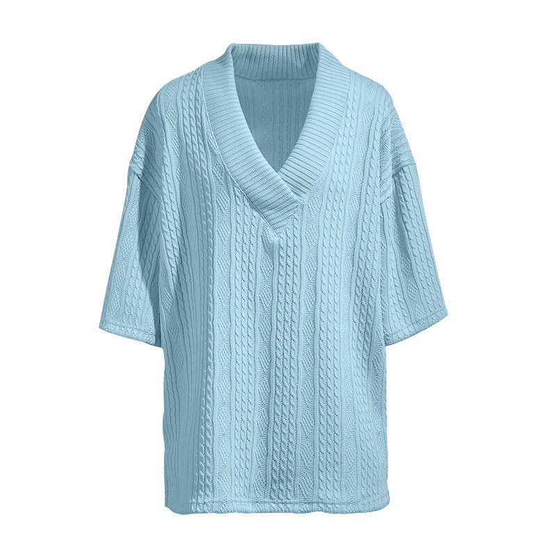 Damen nan Kurzarm-Strickpullover im weiten Schnitt mit tiefem V-Kragen und Zopfmuster Drune