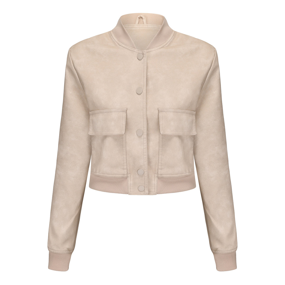 Damen nan kurze Crop-Kunstlederjacke im Blousonstil mit Druckknopffront und aufgesetzten Pattentaschen Drune