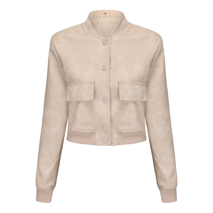Damen nan kurze Crop-Kunstlederjacke im Blousonstil mit Druckknopffront und aufgesetzten Pattentaschen Drune