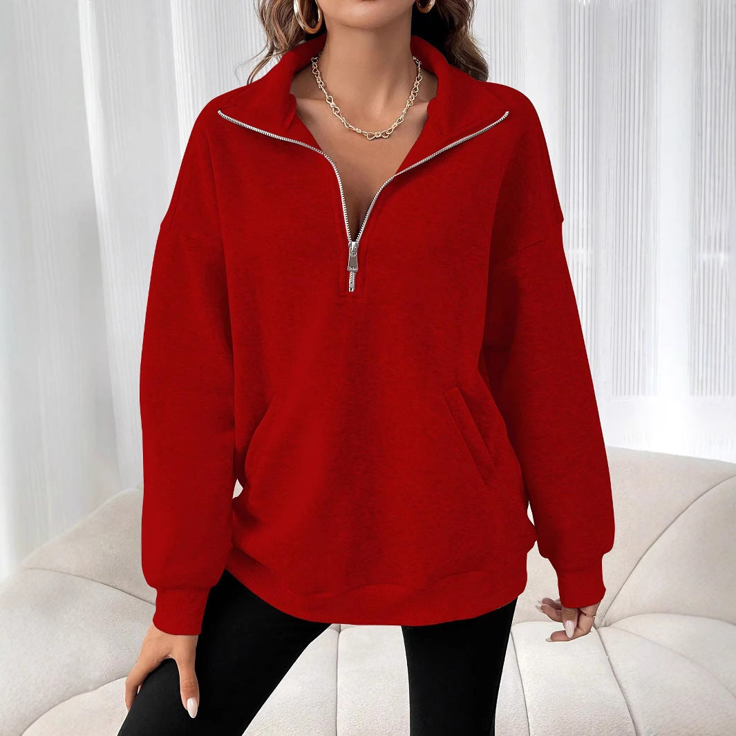 Damen lässiger Zip-Pullover mit Kängurutasche Drune