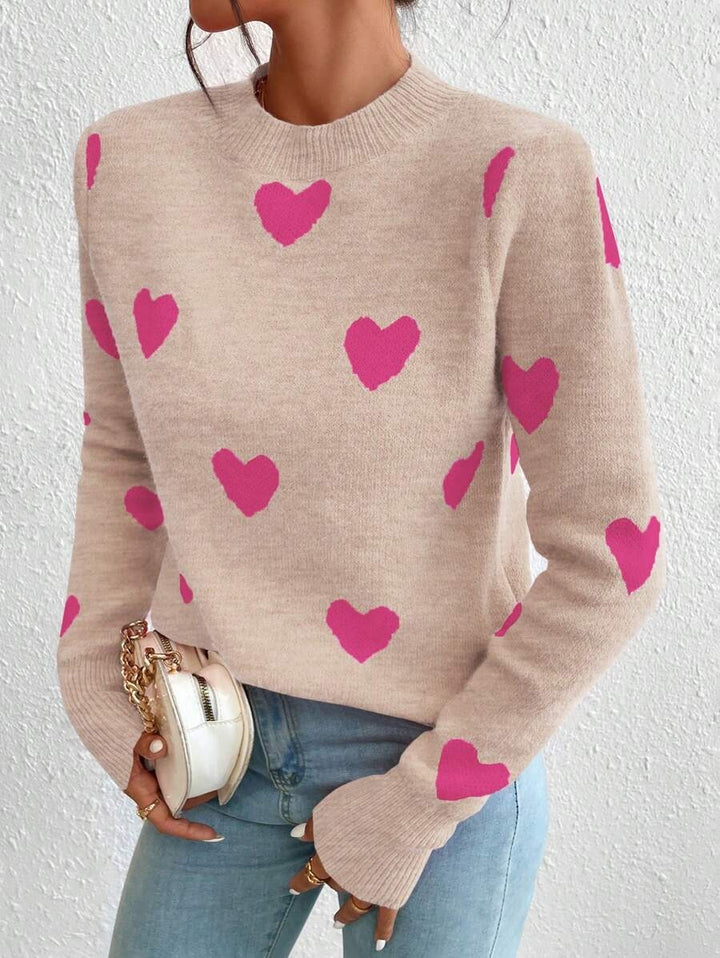 Damen Strickpullover mit herzförmigem Muster und hohem Kragen Drune