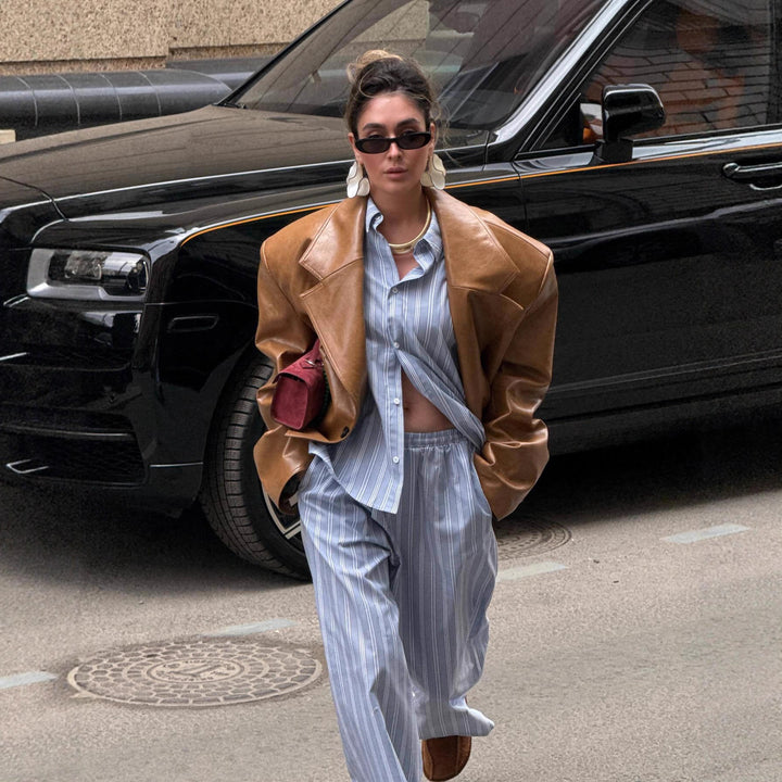 Damen Kunstlederjacke im oversized Stil mit strukturierten Details Drune