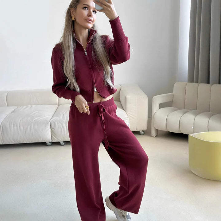 Damen lockerer Strick-Loungewear-Anzug mit hohem Kragen Drune