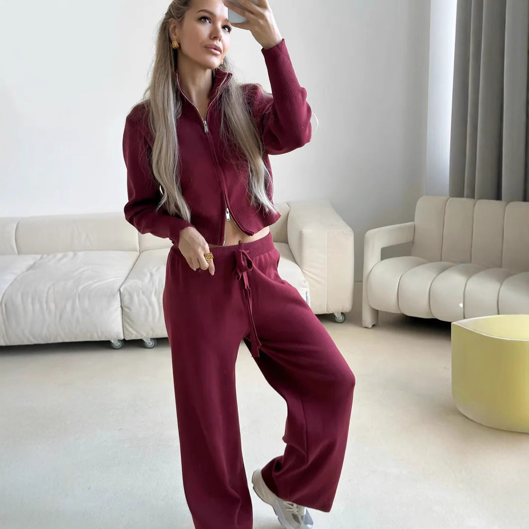 Damen lässiges Strick-Lounge-Set mit cropped Oberteil und weiten Hosen Drune